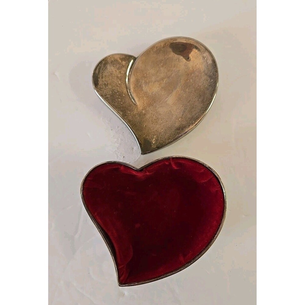 Vintage Silver Tone Mini Heart Box Trinket Box Red Velvet Lining